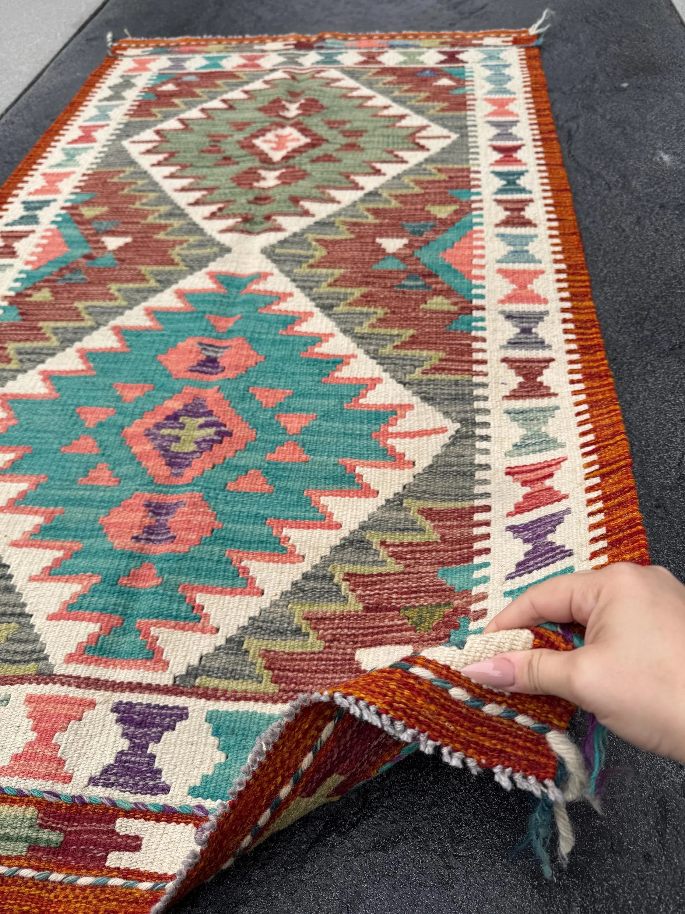 3x5 Handmade Afghan Kilim Rug | Orange Blood Burnt Burgundy Wine Red Salmon Coral Pink Grey Denim Prussian Teal Blue Purple Cream Green