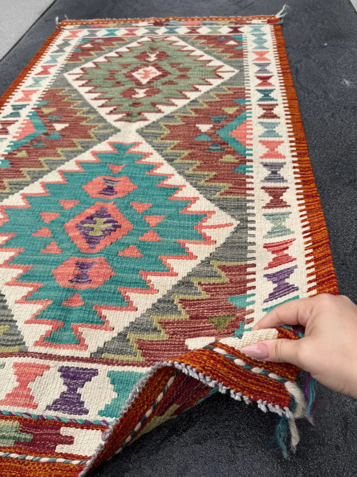 3x5 Handmade Afghan Kilim Rug | Orange Blood Burnt Burgundy Wine Red Salmon Coral Pink Grey Denim Prussian Teal Blue Purple Cream Green