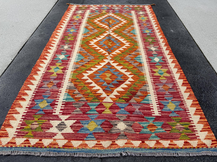 3x5 (91x152) Handmade Afghan Kilim Rug | Burnt Orange Brick Auburn Red Moss Olive Green Purple Teal Denim Blue Cream | Wool Flatweave