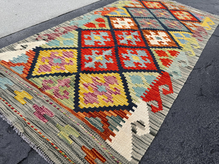 2-3x5 Handmade Afghan Kilim Rug | Grey Cream Orange Scarlet Cherry Auburn Red Mustard Yellow Pine Sage Green Powder Baby Denim Navy Blue