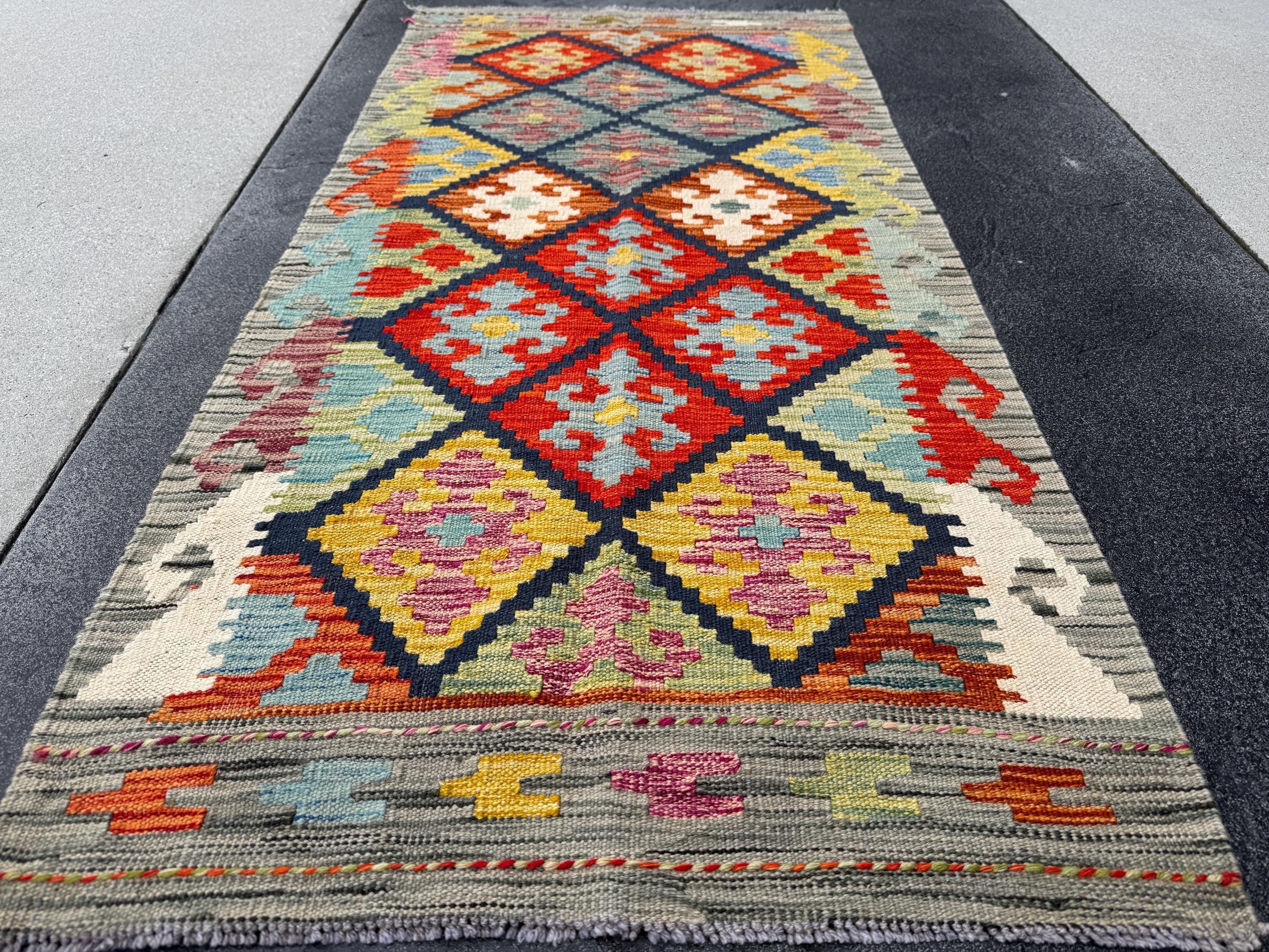 2-3x5 Handmade Afghan Kilim Rug | Grey Cream Orange Scarlet Cherry Auburn Red Mustard Yellow Pine Sage Green Powder Baby Denim Navy Blue
