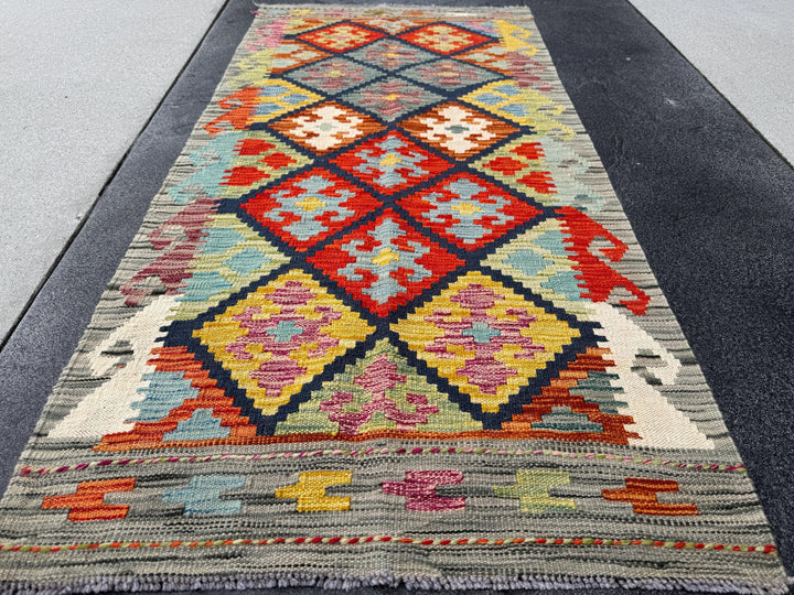 2-3x5 Handmade Afghan Kilim Rug | Grey Cream Orange Scarlet Cherry Auburn Red Mustard Yellow Pine Sage Green Powder Baby Denim Navy Blue