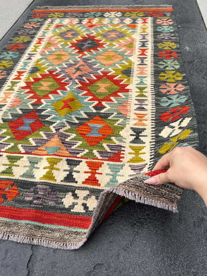 3x5 (91x152) Handmade Afghan Kilim Rug | Black Grey Cream Scarlet Red Denim Aqua Blue Pine Moss Chartreuse Green Burnt Peach Coral Orange