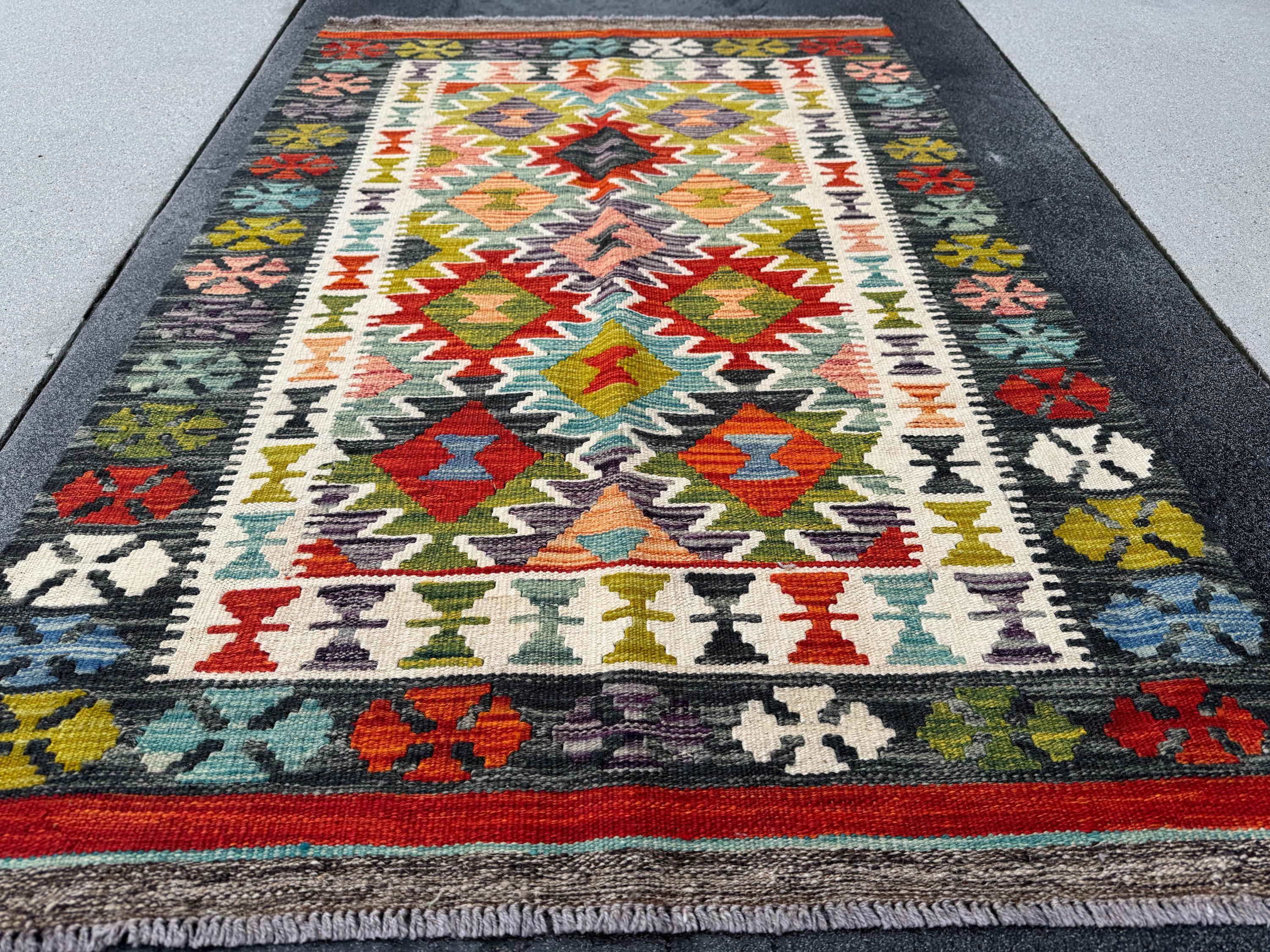 3x5 (91x152) Handmade Afghan Kilim Rug | Black Grey Cream Scarlet Red Denim Aqua Blue Pine Moss Chartreuse Green Burnt Peach Coral Orange