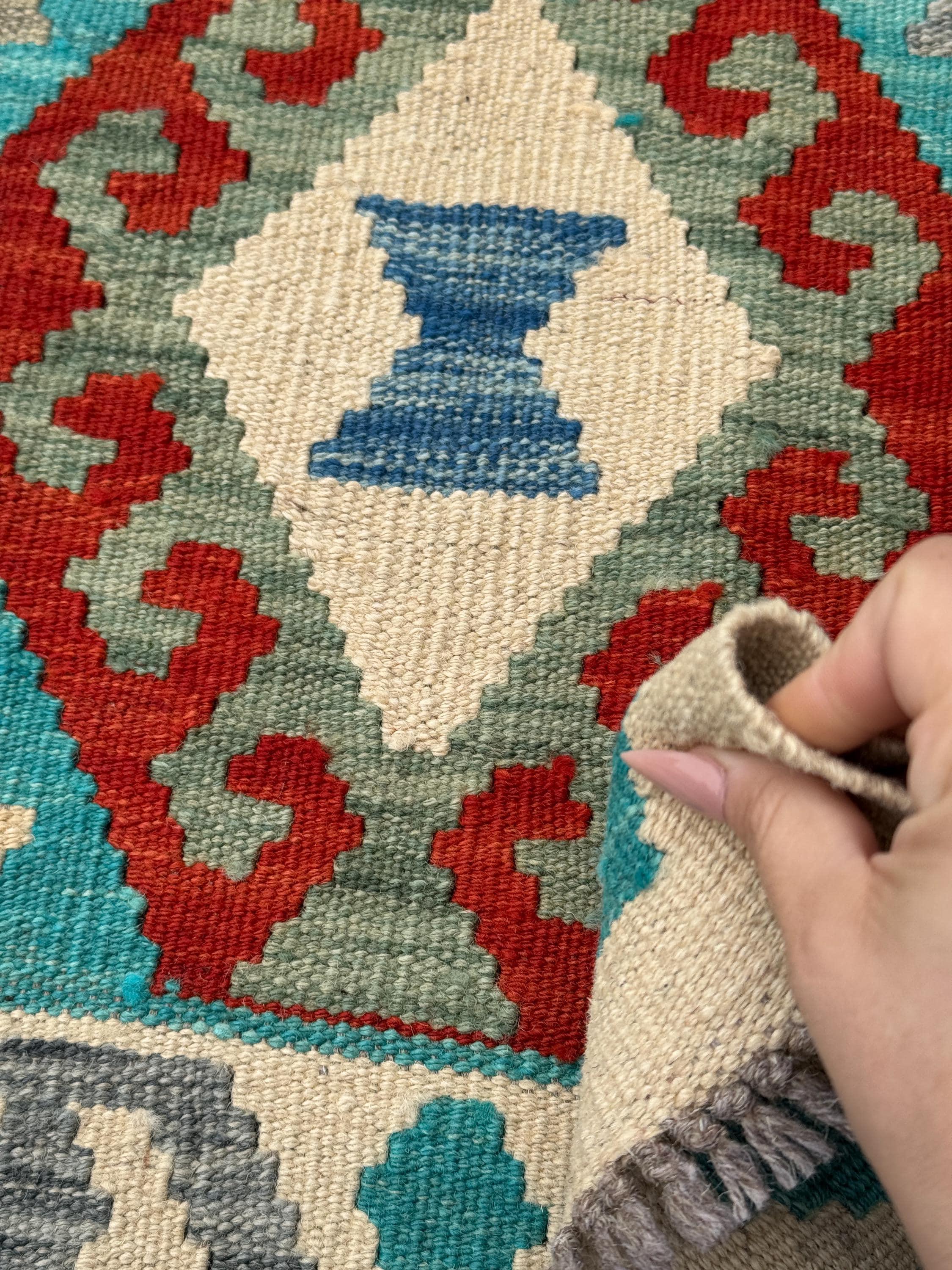 3x5 (91x152) Handmade Afghan Kilim Rug | Cream Teal Turquoise Saffron Peach Orange Scarlet Blood Red Grey Taupe Denim Blue | Wool Flatweave