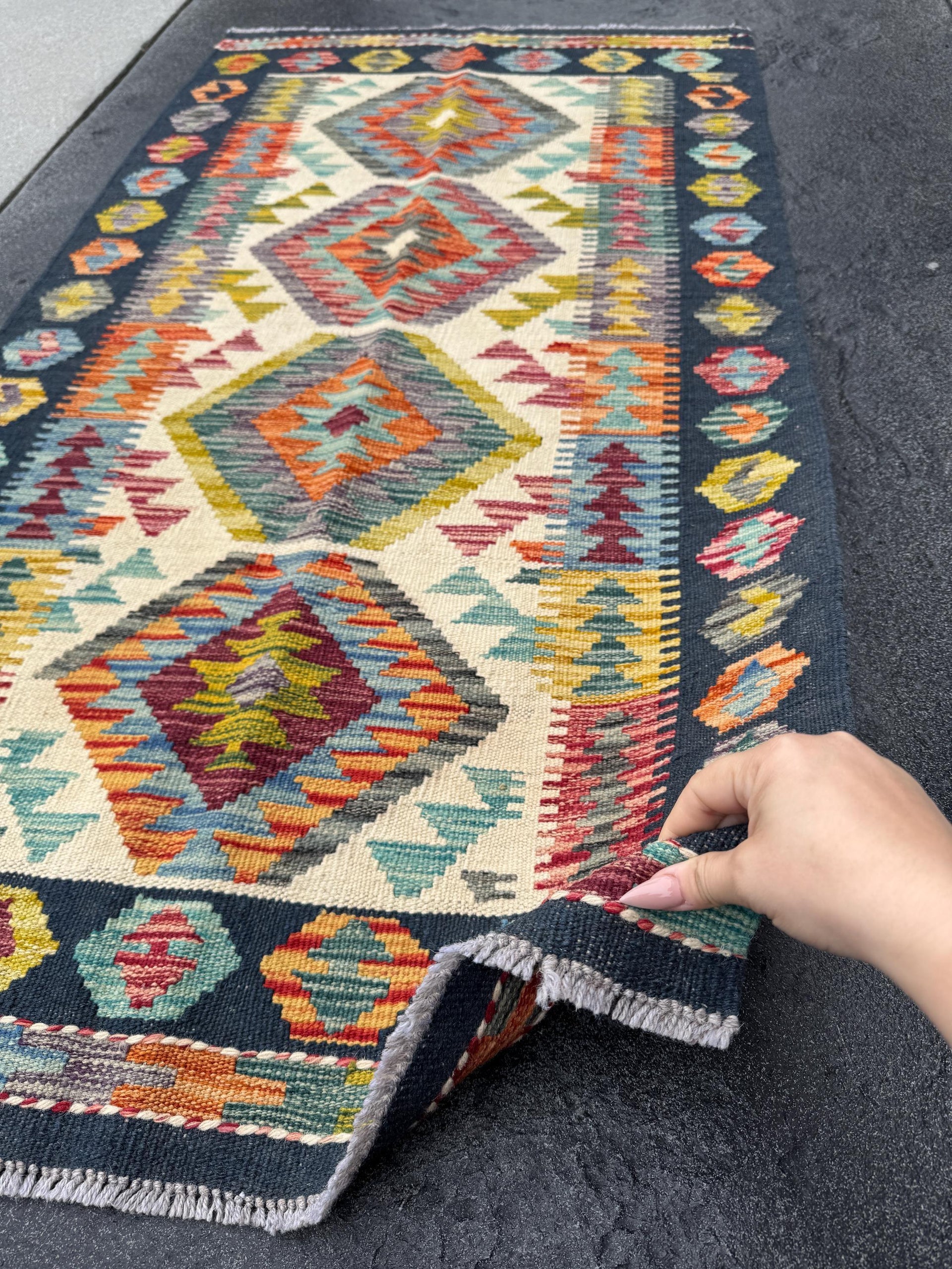 2-3x5 Handmade Afghan Kilim Rug | Midnight Navy Denim Aqua Blue Orange Moss Chartreuse Green Grey Auburn Maroon Rose Red | Wool Flatweave