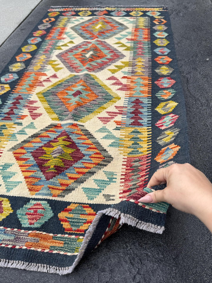 2-3x5 Handmade Afghan Kilim Rug | Midnight Navy Denim Aqua Blue Orange Moss Chartreuse Green Grey Auburn Maroon Rose Red | Wool Flatweave