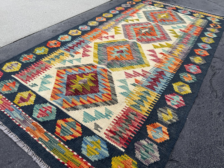 2-3x5 Handmade Afghan Kilim Rug | Midnight Navy Denim Aqua Blue Orange Moss Chartreuse Green Grey Auburn Maroon Rose Red | Wool Flatweave