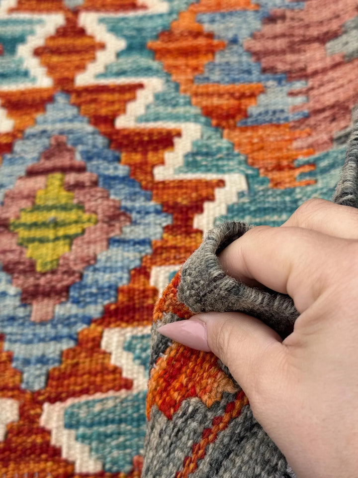 3x5 (91x152) Handmade Afghan Kilim Rug | Grey Orange Mustard Yellow Chartreuse Olive Green Brick Red Aqua Denim Blue Cream | Wool Flatweave