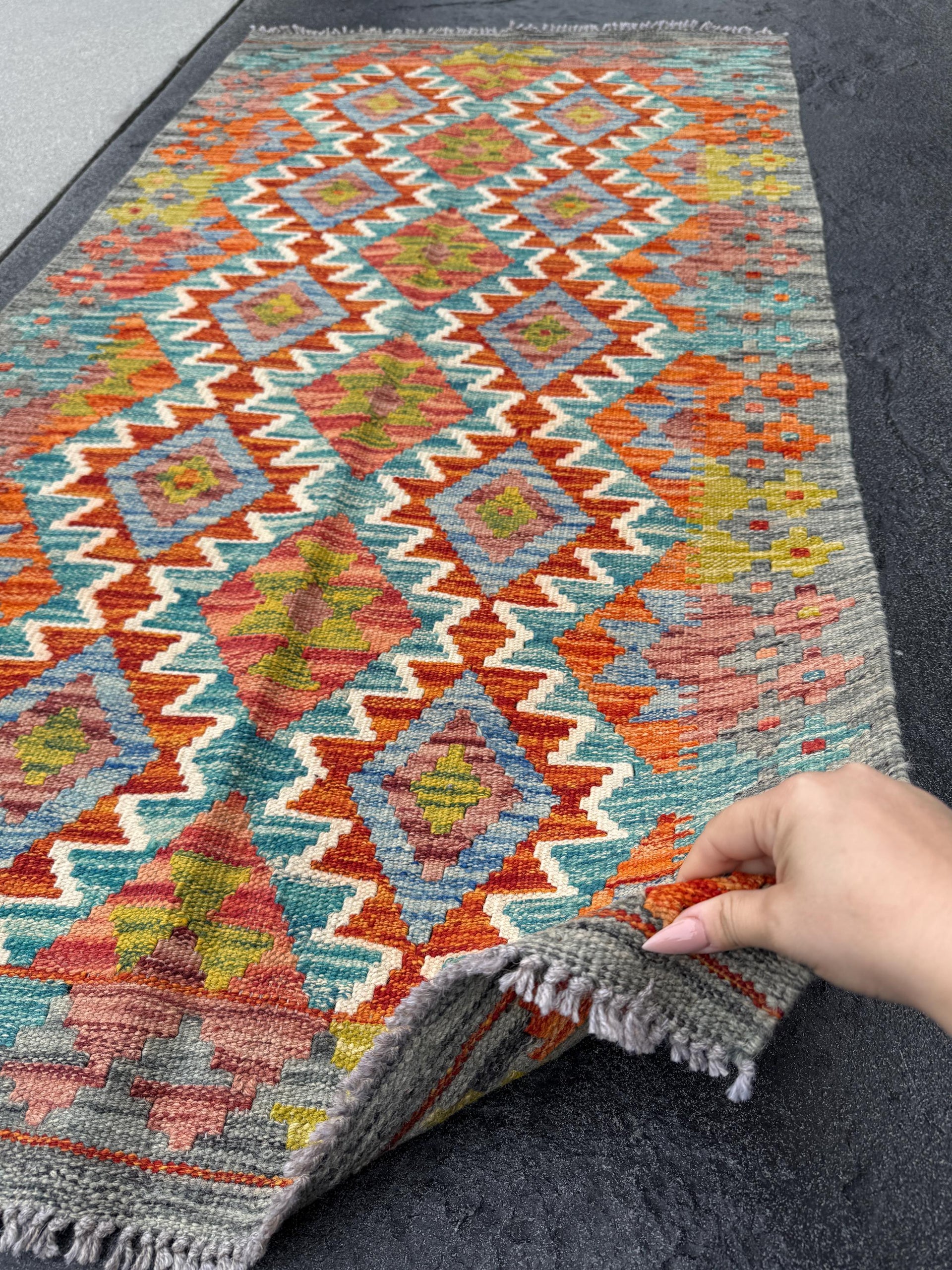 3x5 (91x152) Handmade Afghan Kilim Rug | Grey Orange Mustard Yellow Chartreuse Olive Green Brick Red Aqua Denim Blue Cream | Wool Flatweave