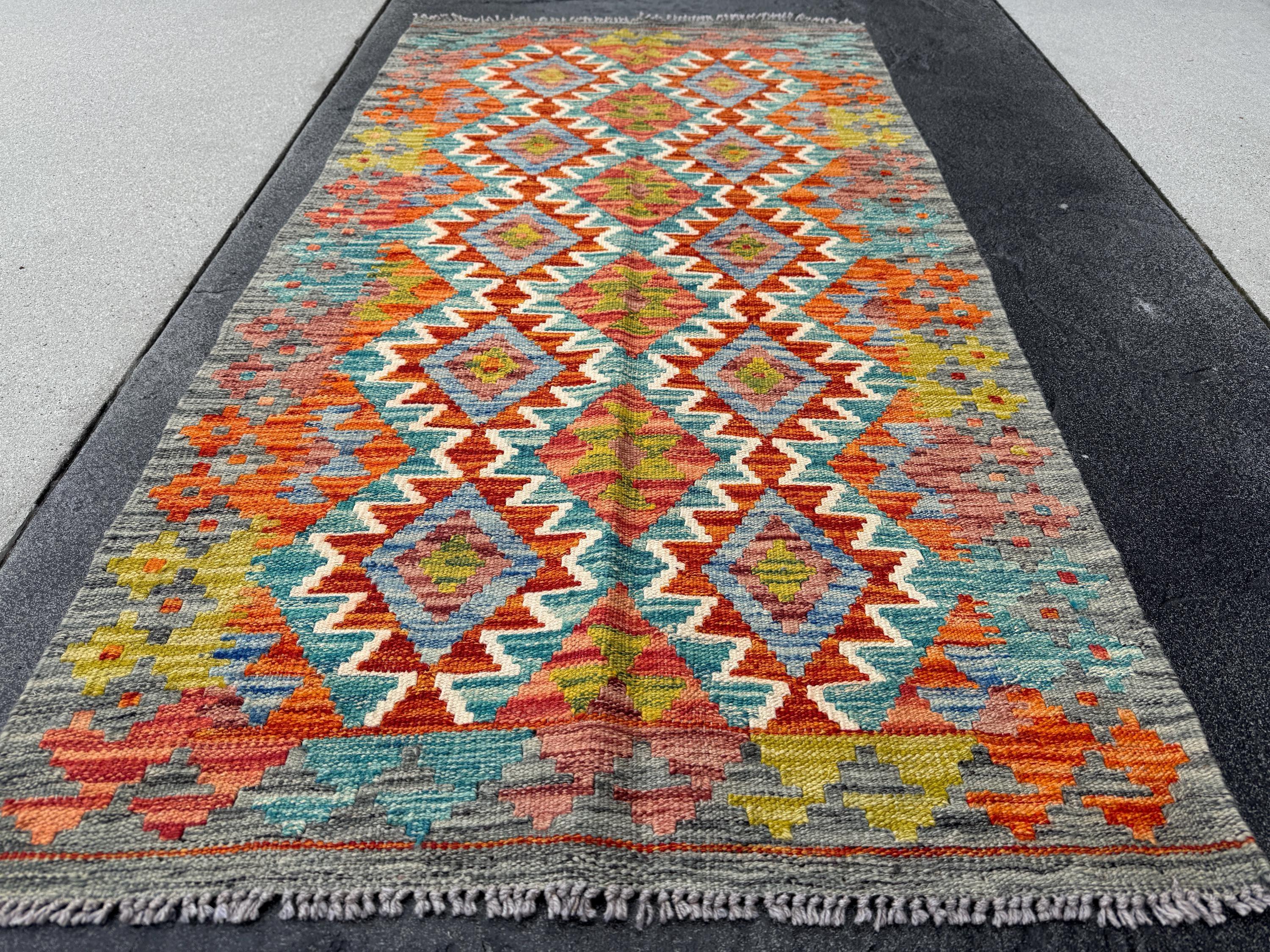 3x5 (91x152) Handmade Afghan Kilim Rug | Grey Orange Mustard Yellow Chartreuse Olive Green Brick Red Aqua Denim Blue Cream | Wool Flatweave