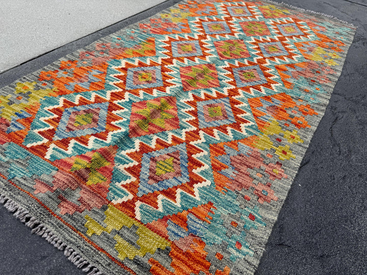 3x5 (91x152) Handmade Afghan Kilim Rug | Grey Orange Mustard Yellow Chartreuse Olive Green Brick Red Aqua Denim Blue Cream | Wool Flatweave