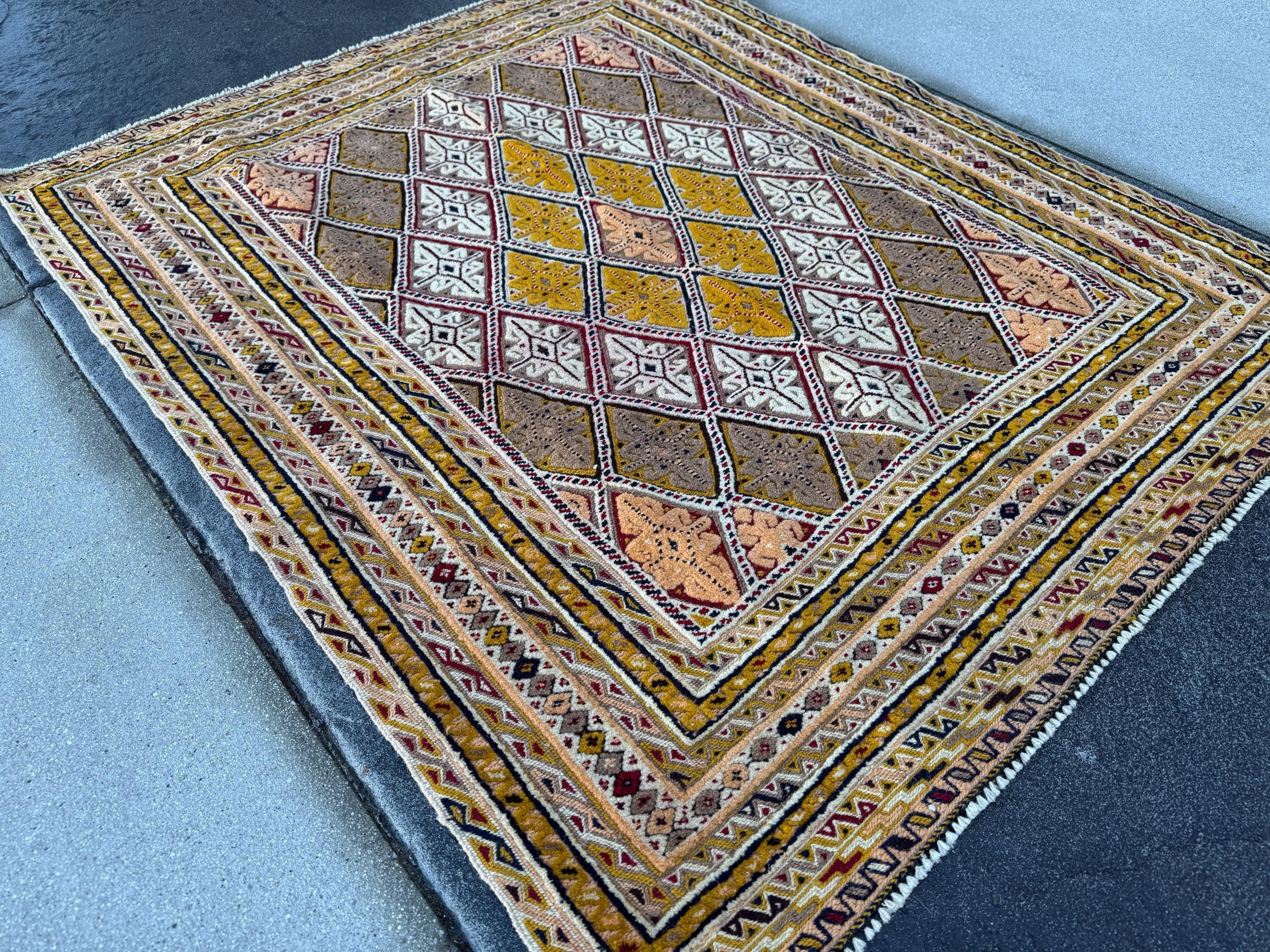 4x5 Handmade Afghan Barjasta Rug | Tan Peach Mustard Gold Orange Yellow Moss Olive Green Saffron Beige Taupe Burgundy Navy Midnight Blue