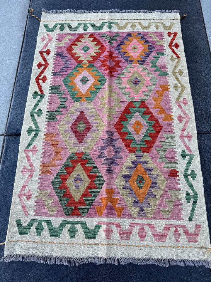 3x5 (91x152) Handmade Afghan Kilim Rug | Cream Blush Baby Rose Pink Forest Pine Sage Green Beige Sand Tan Teal Purple Orange Red | Wool