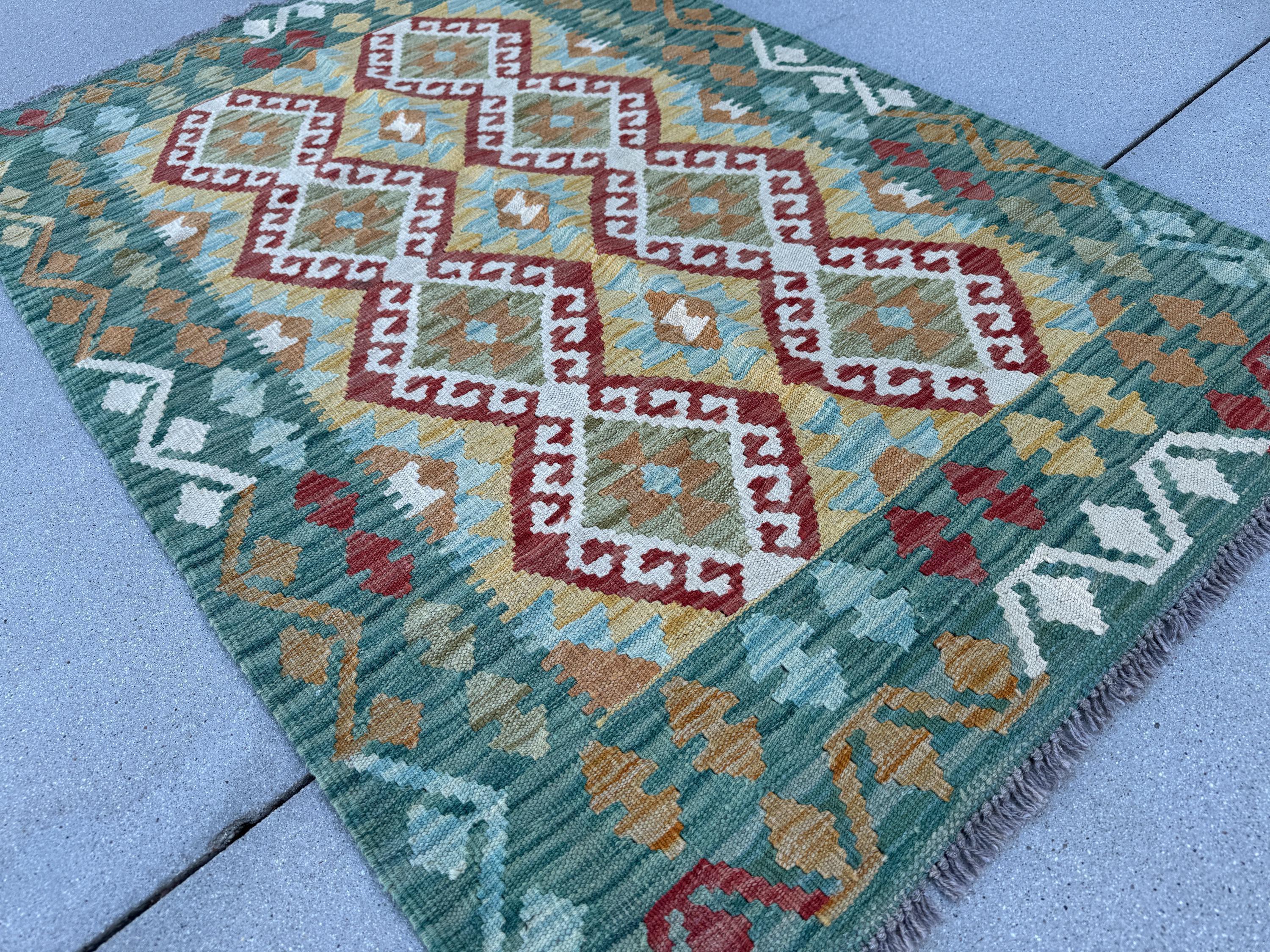 3x5 (91x152) Handmade Afghan Kilim Rug | Teal Forest Emerald Moss Olive Green Ruse Crimson Red Orange Saffron Denim Baby Blue Cream Ivory