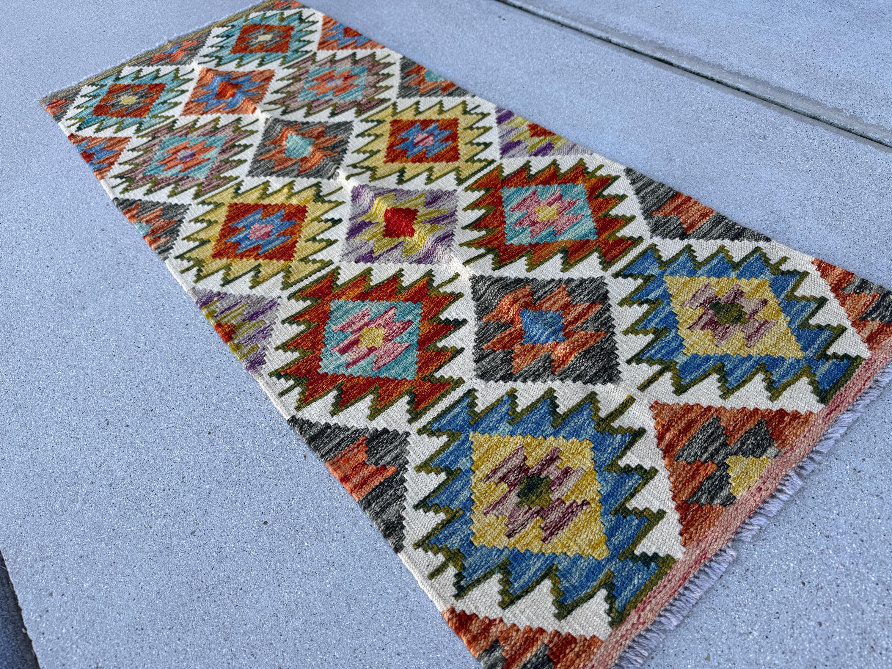 2x5 Handmade Afghan Kilim Runner Rug | Cream Burnt Orange Grey Olive Moss Green Mustard Yellow Royal Denim Blue Purple Pink Red White Black