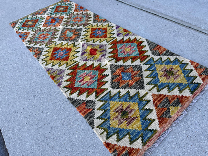 2x5 Handmade Afghan Kilim Runner Rug | Cream Burnt Orange Grey Olive Moss Green Mustard Yellow Royal Denim Blue Purple Pink Red White Black