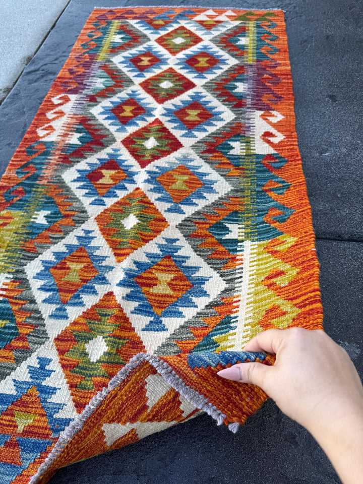 2x5 Handmade Afghan Kilim Runner Rug | Orange Royal Denim Prussian Blue Olive Moss Pine Green Purple White Ivory Cream Blood Red Grey Black