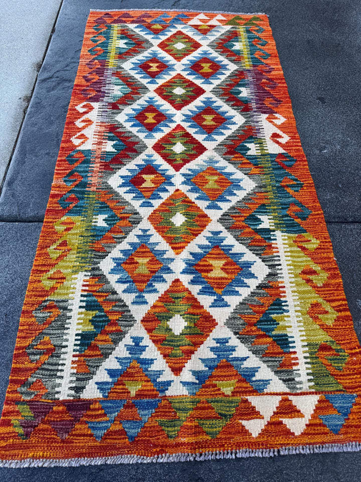 2x5 Handmade Afghan Kilim Runner Rug | Orange Royal Denim Prussian Blue Olive Moss Pine Green Purple White Ivory Cream Blood Red Grey Black