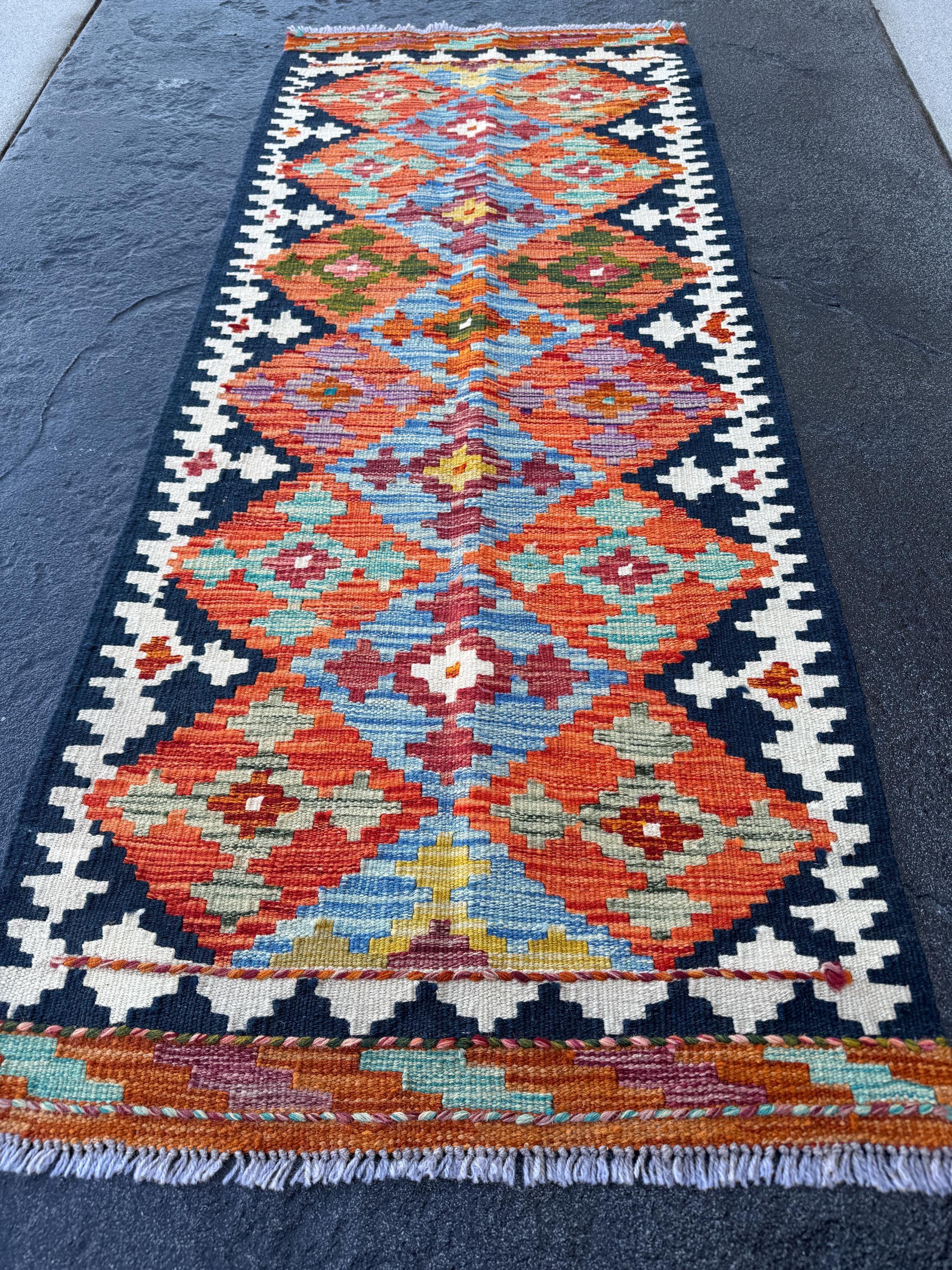 2x5 Handmade Afghan Kilim Runner Rug | Orange Burnt Forest Sage Olive Green Navy Midnight Denim Aqua Blue Red Mustard Purple | Wool