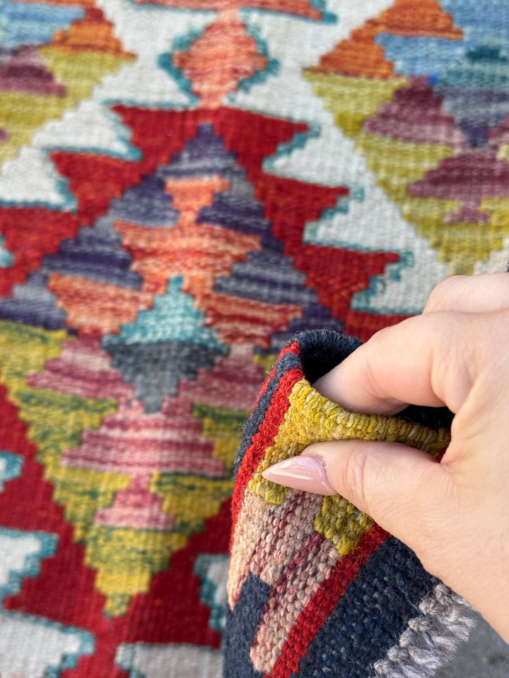 2x5 Handmade Afghan Kilim Runner Rug | Midnight Navy Denim Blue Purple Crimson Brick Red Orange Olive Moss Green White Cream Ivory | Wool