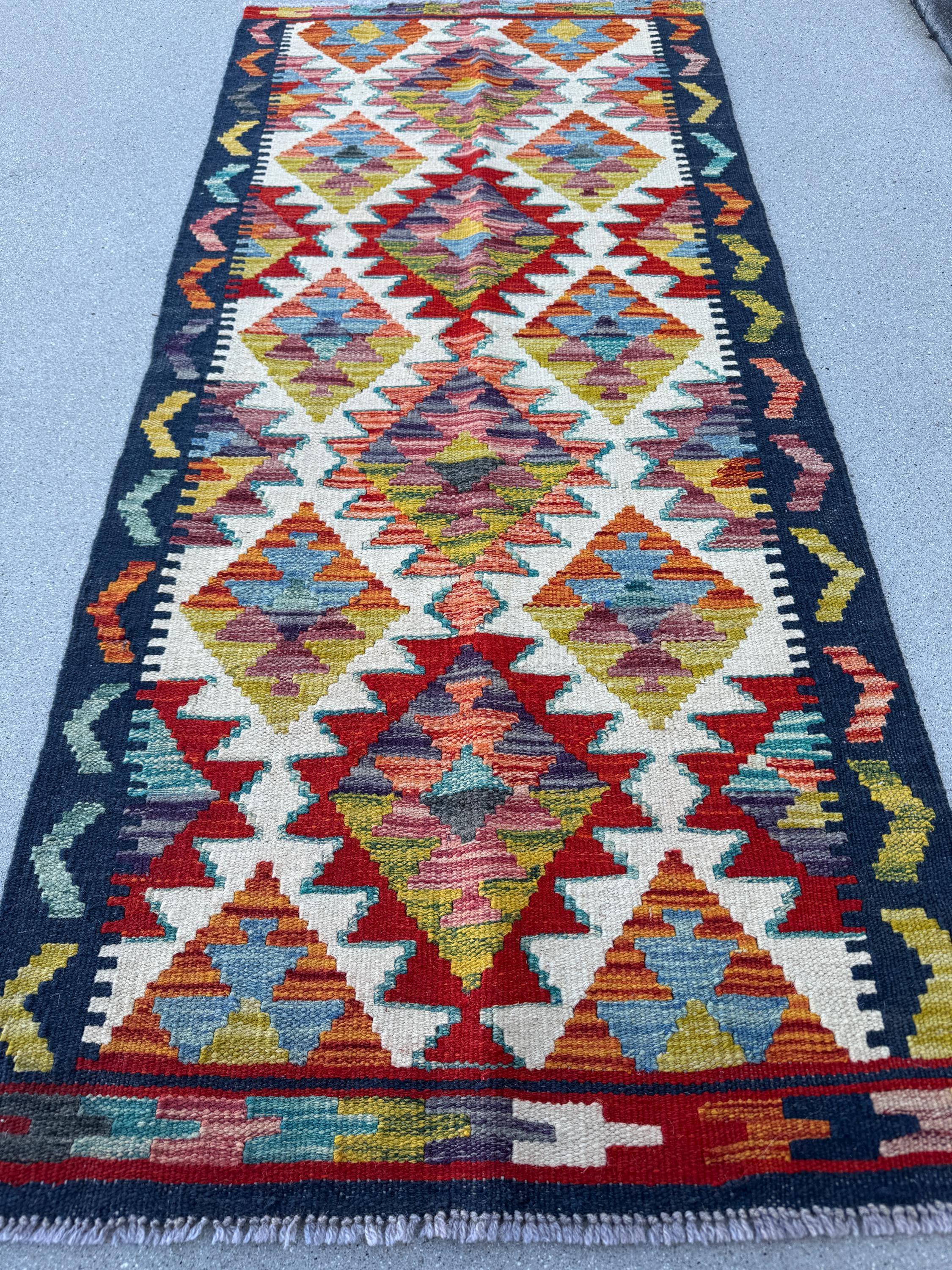 2x5 Handmade Afghan Kilim Runner Rug | Midnight Navy Denim Blue Purple Crimson Brick Red Orange Olive Moss Green White Cream Ivory | Wool