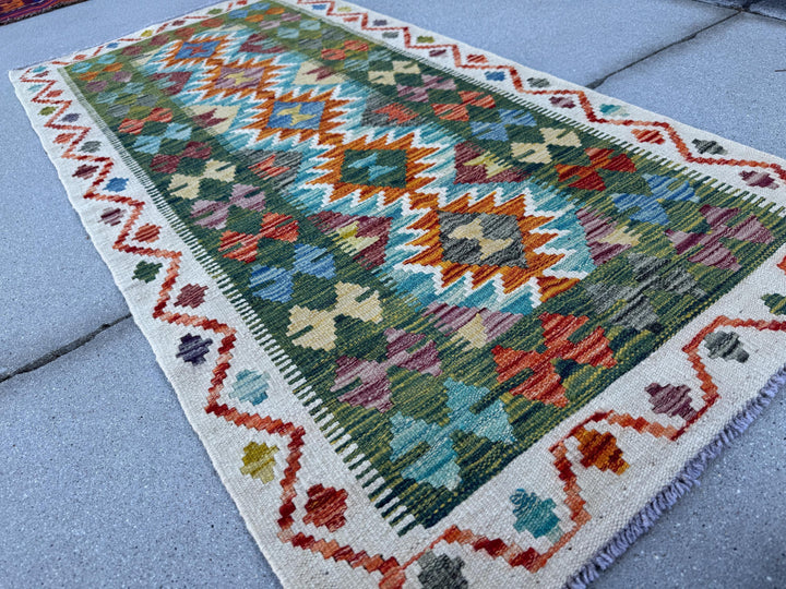 2x5 Handmade Afghan Kilim Runner Rug | Forest Pine Emerald Olive Green Denim Aqua Blue Burnt Orange Saffron Yellow Purple White Cream | Wool
