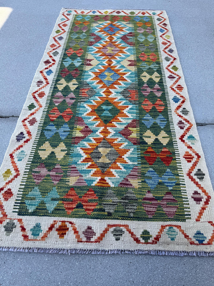 2x5 Handmade Afghan Kilim Runner Rug | Forest Pine Emerald Olive Green Denim Aqua Blue Burnt Orange Saffron Yellow Purple White Cream | Wool