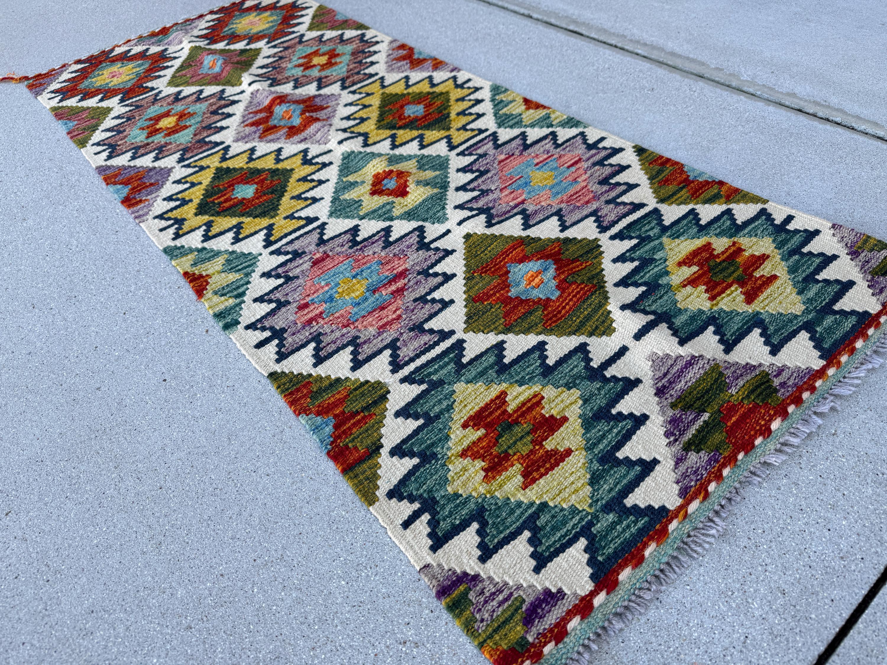 2x5 Handmade Afghan Kilim Runner Rug | Cream Purple Lavender Brick Red Burnt Orange Mustard Yellow Olive Moss Forest Green Teal Navy Blue