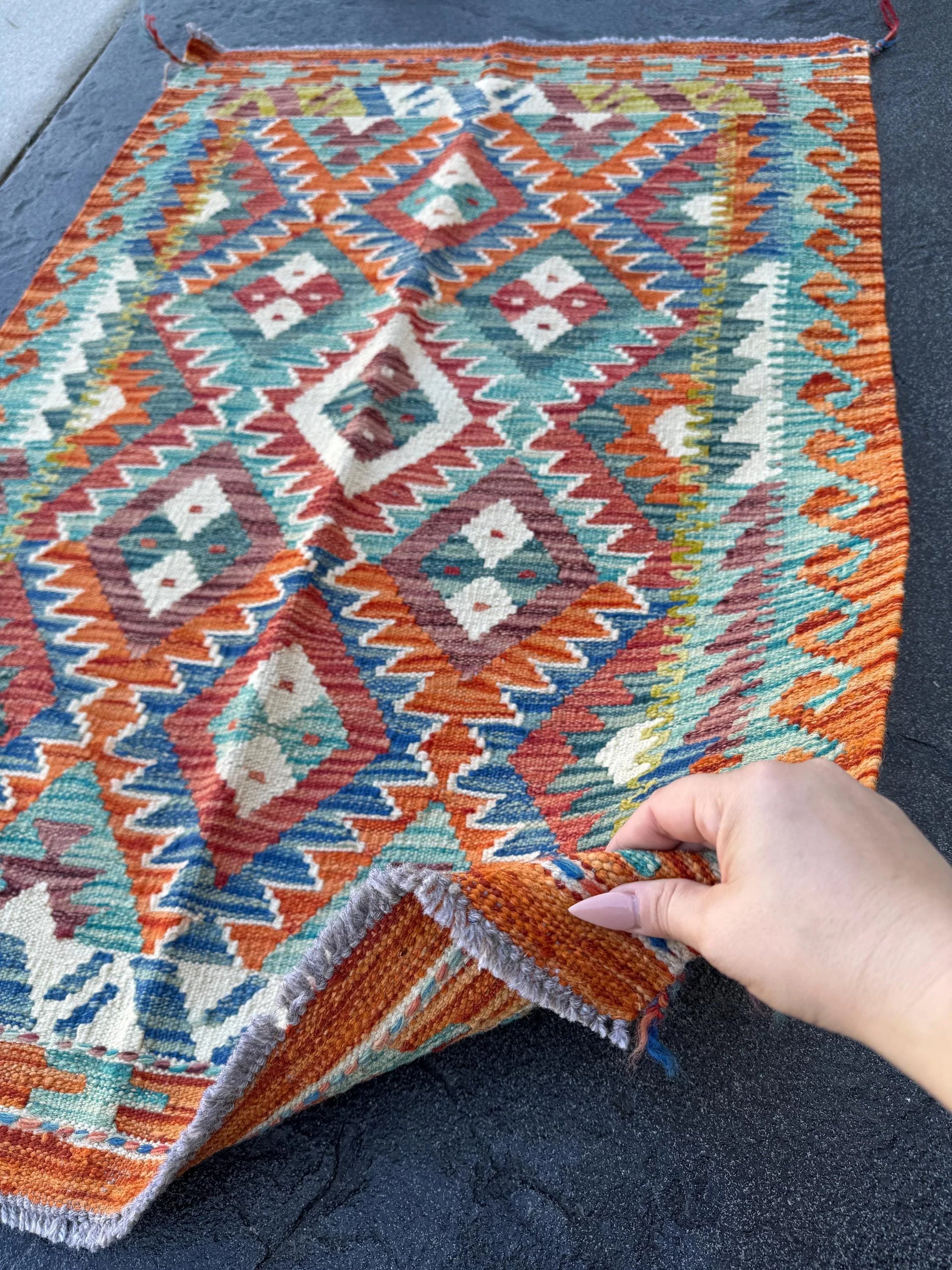 3x4 Handmade Afghan Kilim Runner Rug | Orange Denim Royal Aqua Blue Teal Olive Moss Green Cream White Purple Maroon Ivory | Wool Flatweave