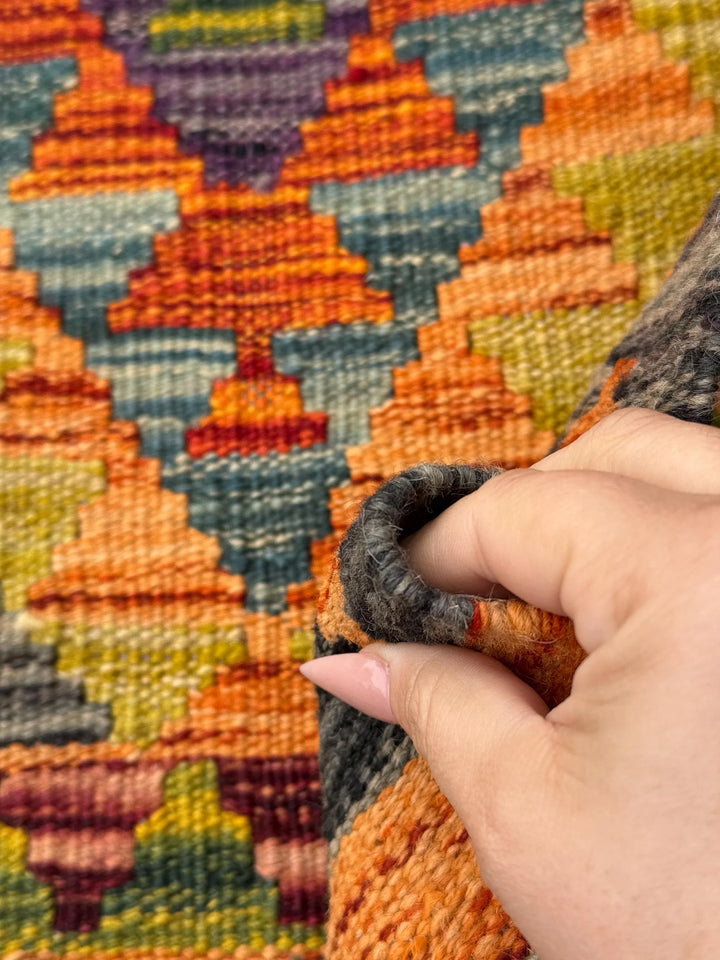 3x5 (91x152) Handmade Afghan Kilim Rug | Orange Rust Burnt Black Moss Olive Green Mustard Yellow Burgundy Brick Red Grey | Wool Flatweave
