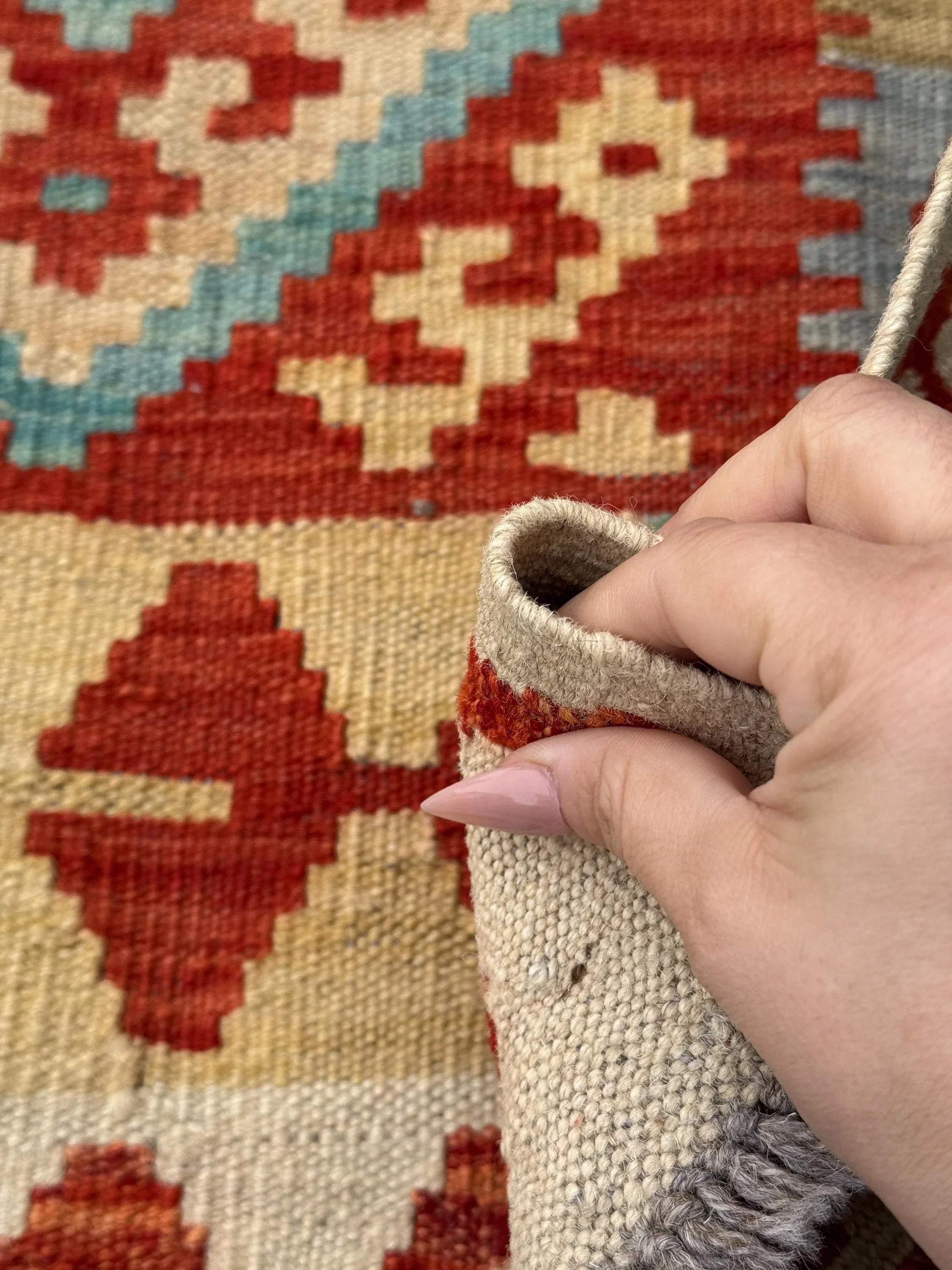 4x5 (91x152) Handmade Afghan Kilim Rug | Cream Sand Brown Tan Dusty Teal Denim Aqua Blue Grey Burnt Orange Rust Red Saffron Yellow | Wool