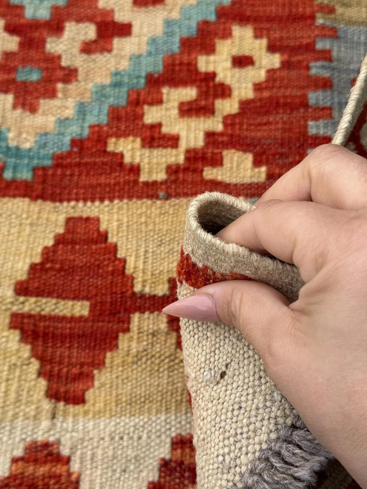 4x5 (91x152) Handmade Afghan Kilim Rug | Cream Sand Brown Tan Dusty Teal Denim Aqua Blue Grey Burnt Orange Rust Red Saffron Yellow | Wool