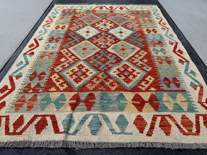 4x5 (91x152) Handmade Afghan Kilim Rug | Cream Sand Brown Tan Dusty Teal Denim Aqua Blue Grey Burnt Orange Rust Red Saffron Yellow | Wool