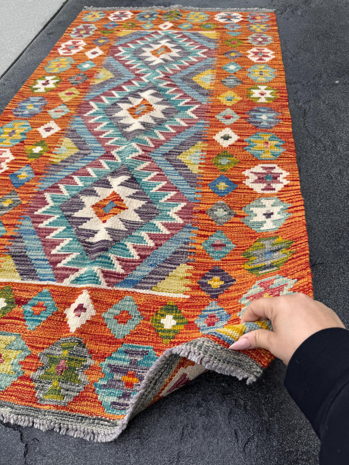 3x5 (91x152) Handmade Afghan Kilim Rug | Orange Denim Sky Prussian Teal Blue Cream Burgundy Auburn Red Forest Moss Green Mustard Yellow Grey