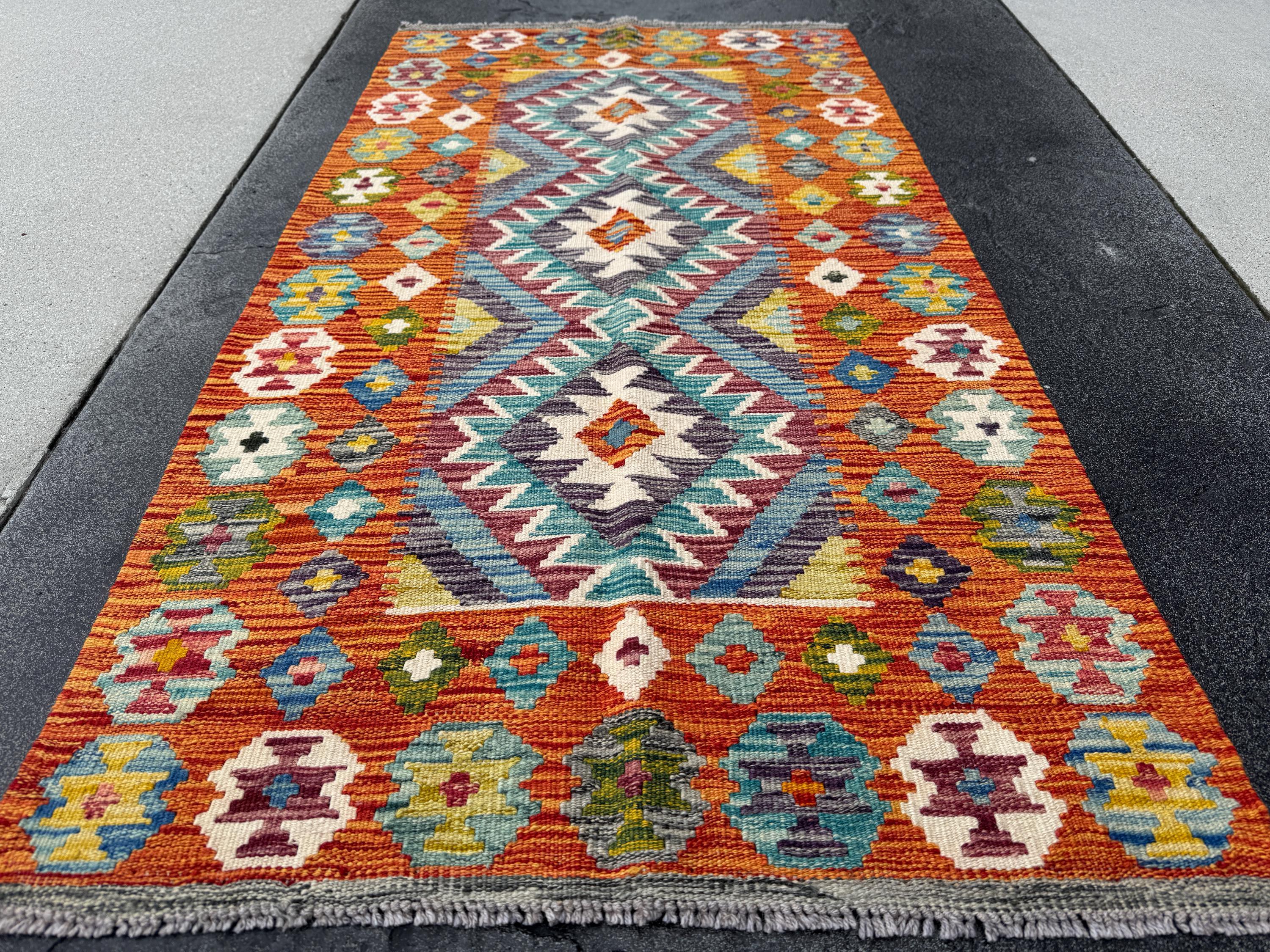 3x5 (91x152) Handmade Afghan Kilim Rug | Orange Denim Sky Prussian Teal Blue Cream Burgundy Auburn Red Forest Moss Green Mustard Yellow Grey