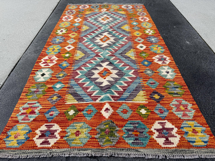 3x5 (91x152) Handmade Afghan Kilim Rug | Orange Denim Sky Prussian Teal Blue Cream Burgundy Auburn Red Forest Moss Green Mustard Yellow Grey