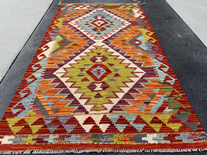 3x5 (91x152) Handmade Afghan Kilim Rug | Crimson Blood Red Purple Burnt Orange Baby Aqua Blue Grey Chartreuse Moss Forest Green Cream | Wool