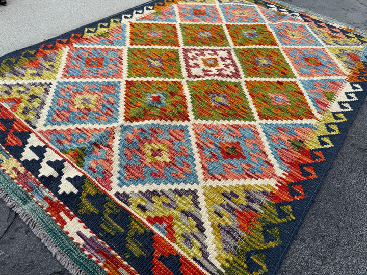 3x5 (91x152) Handmade Afghan Kilim Rug | Midnight Navy Denim Blue Grey Forest Moss Chartreuse Green Orange Brick Crimson Red Cream | Wool