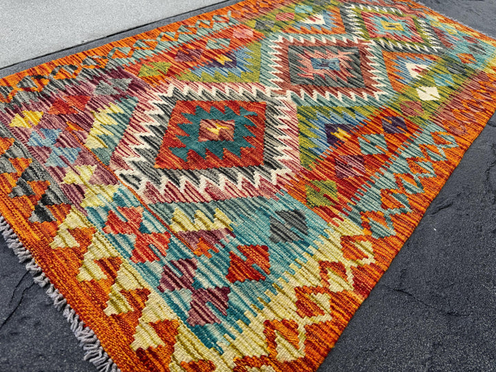 3x5 Handmade Afghan Kilim Rug | Burnt Orange Teal Aqua Blue Yellow Brick Maroon Burgundy Red Grey Black Moss Pine Green Cream Purple | Wool