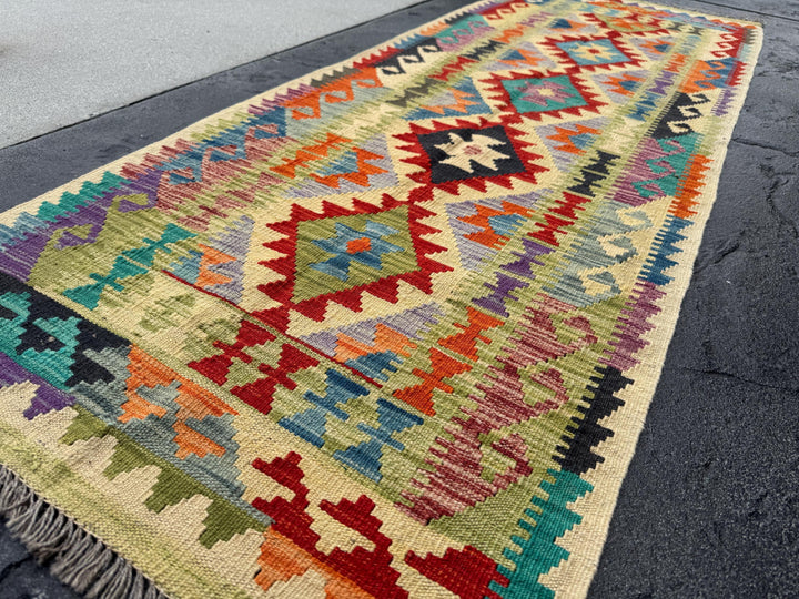 2x7 Handmade Afghan Kilim Runner Rug | Saffron Yellow Lime Moss Sage Green Scarlet Brick Red Black Grey Purple Teal Denim Blue Orange | Wool