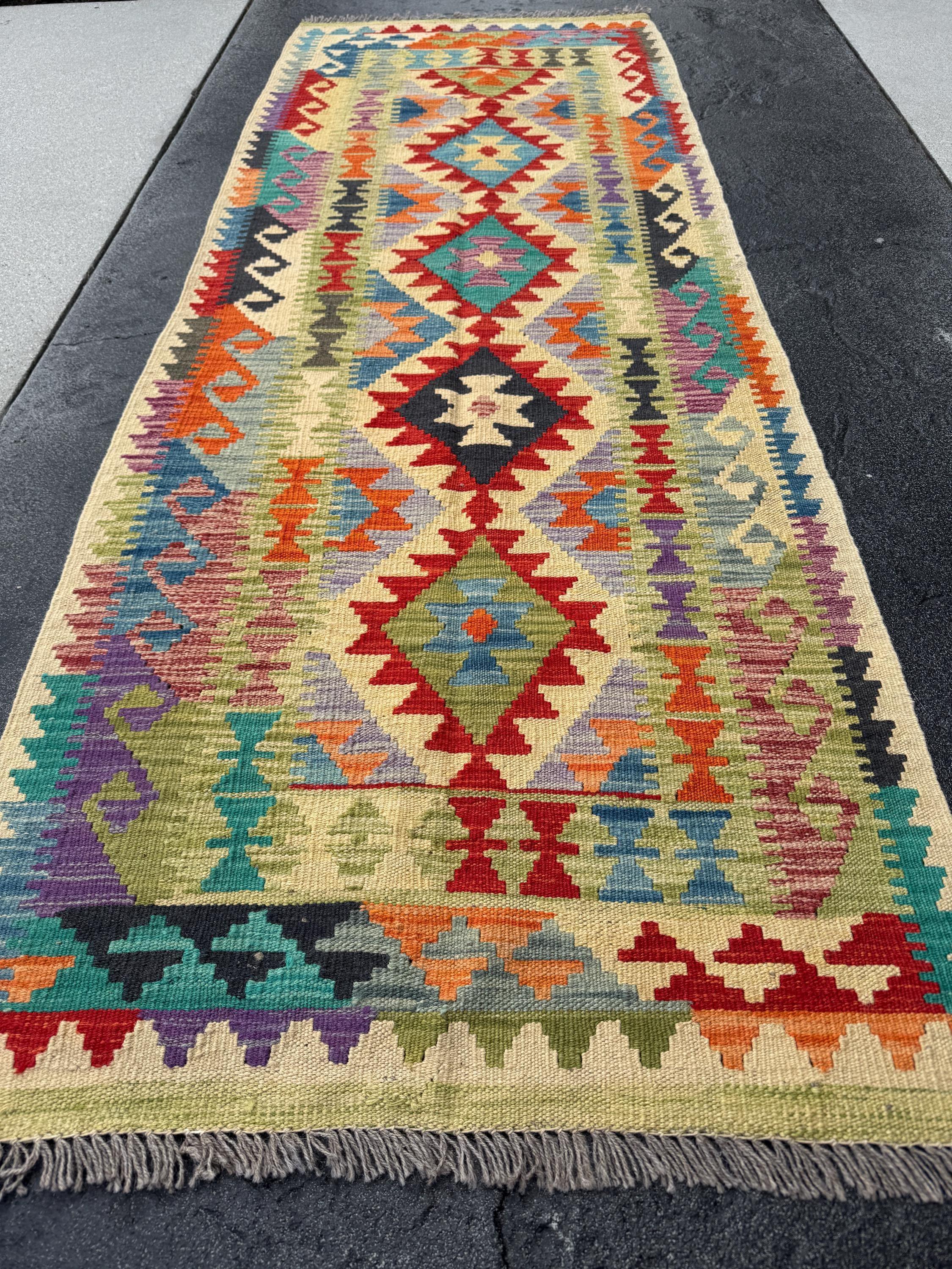 2x7 Handmade Afghan Kilim Runner Rug | Saffron Yellow Lime Moss Sage Green Scarlet Brick Red Black Grey Purple Teal Denim Blue Orange | Wool