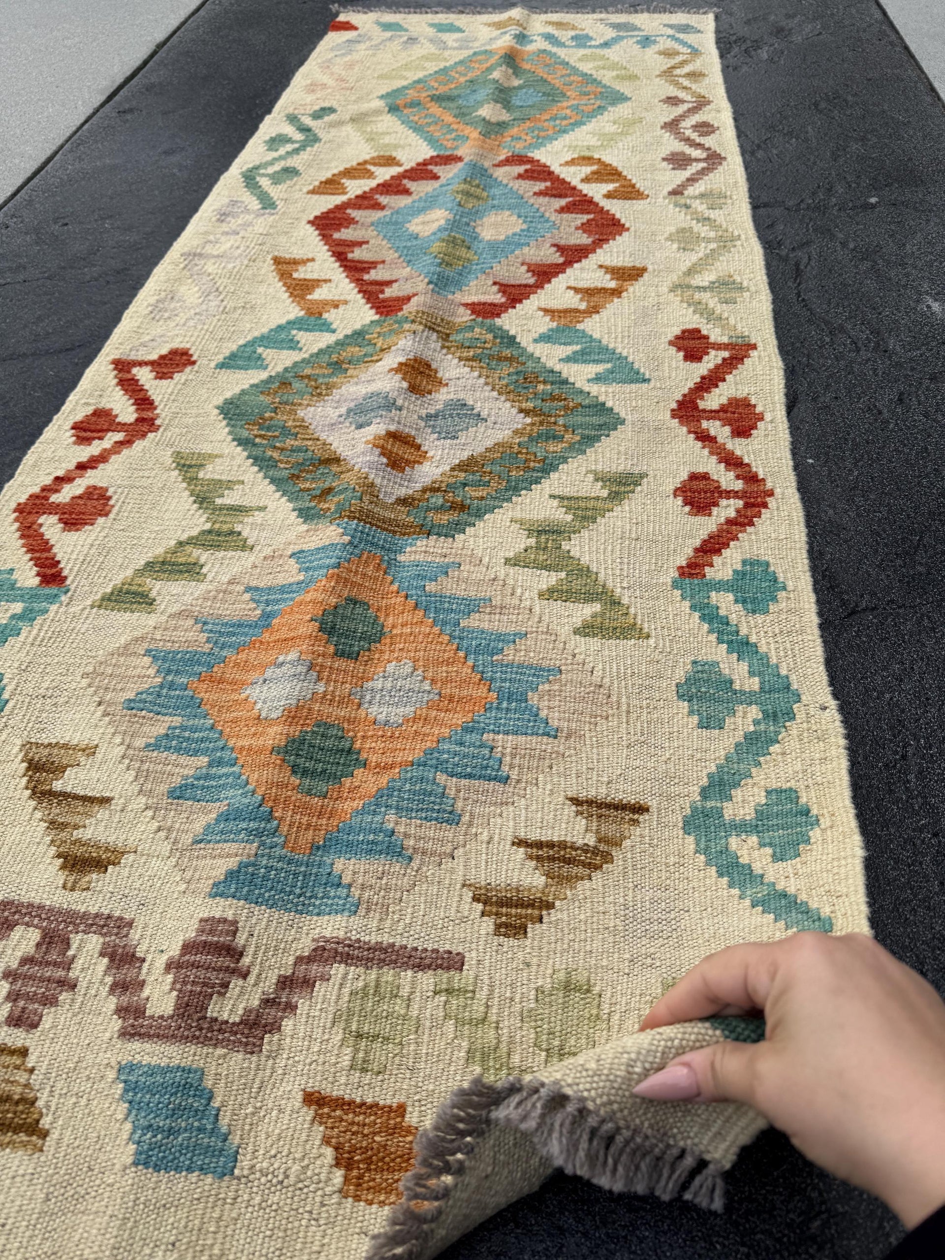 2x6 Handmade Afghan Kilim Runner Rug | Sand Cream Tan Chocolate Coffee Brown Teal Turquoise Denim Blue Emerald Lime Green Orange Grey Taupe