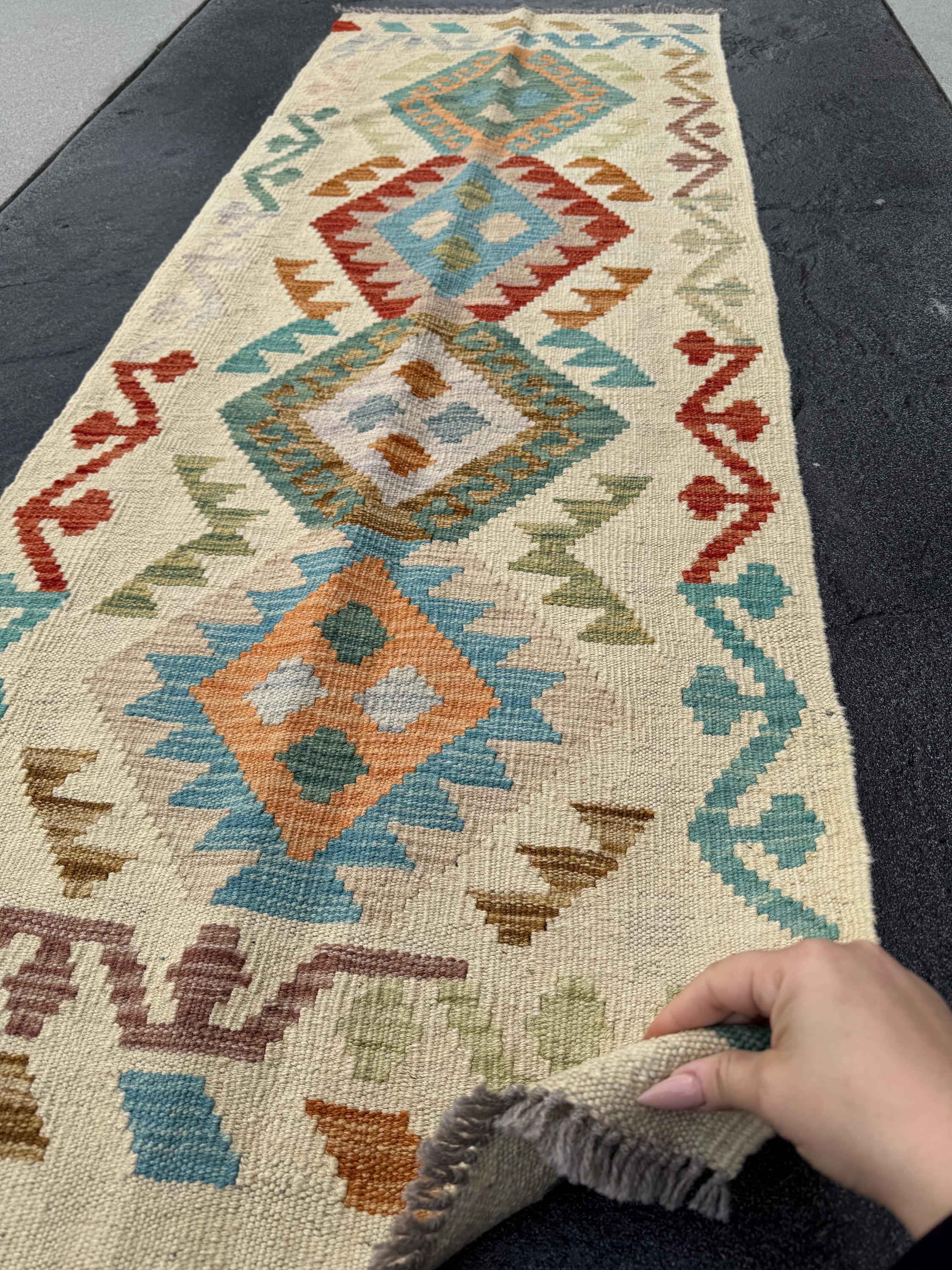 2x6 Handmade Afghan Kilim Runner Rug | Sand Cream Tan Chocolate Coffee Brown Teal Turquoise Denim Blue Emerald Lime Green Orange Grey Taupe