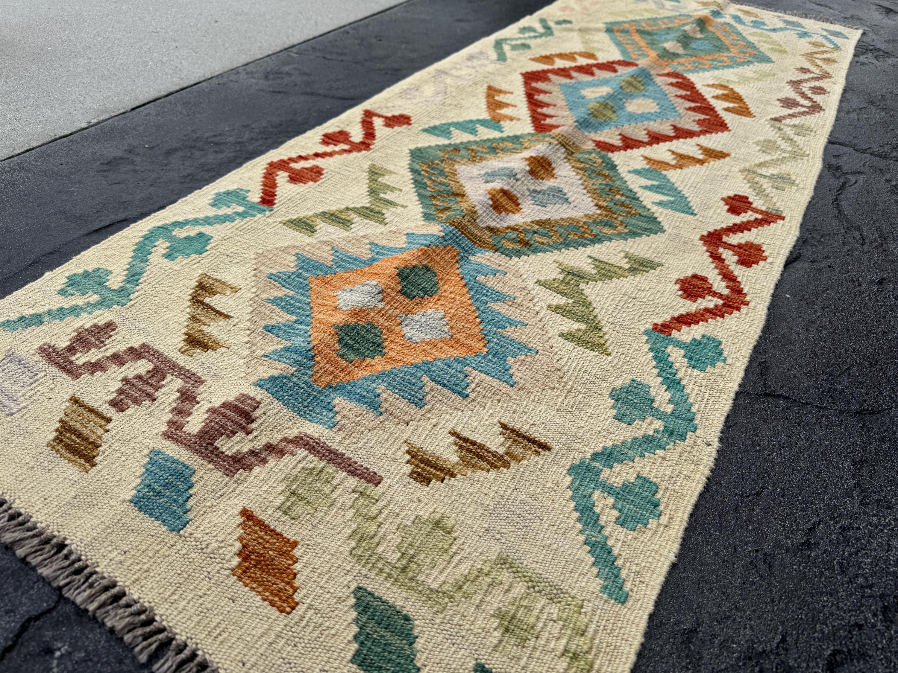 2x6 Handmade Afghan Kilim Runner Rug | Sand Cream Tan Chocolate Coffee Brown Teal Turquoise Denim Blue Emerald Lime Green Orange Grey Taupe