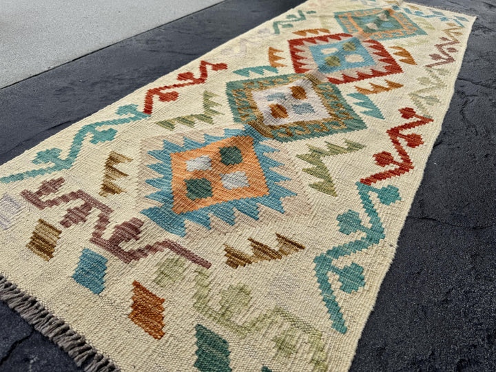 2x6 Handmade Afghan Kilim Runner Rug | Sand Cream Tan Chocolate Coffee Brown Teal Turquoise Denim Blue Emerald Lime Green Orange Grey Taupe