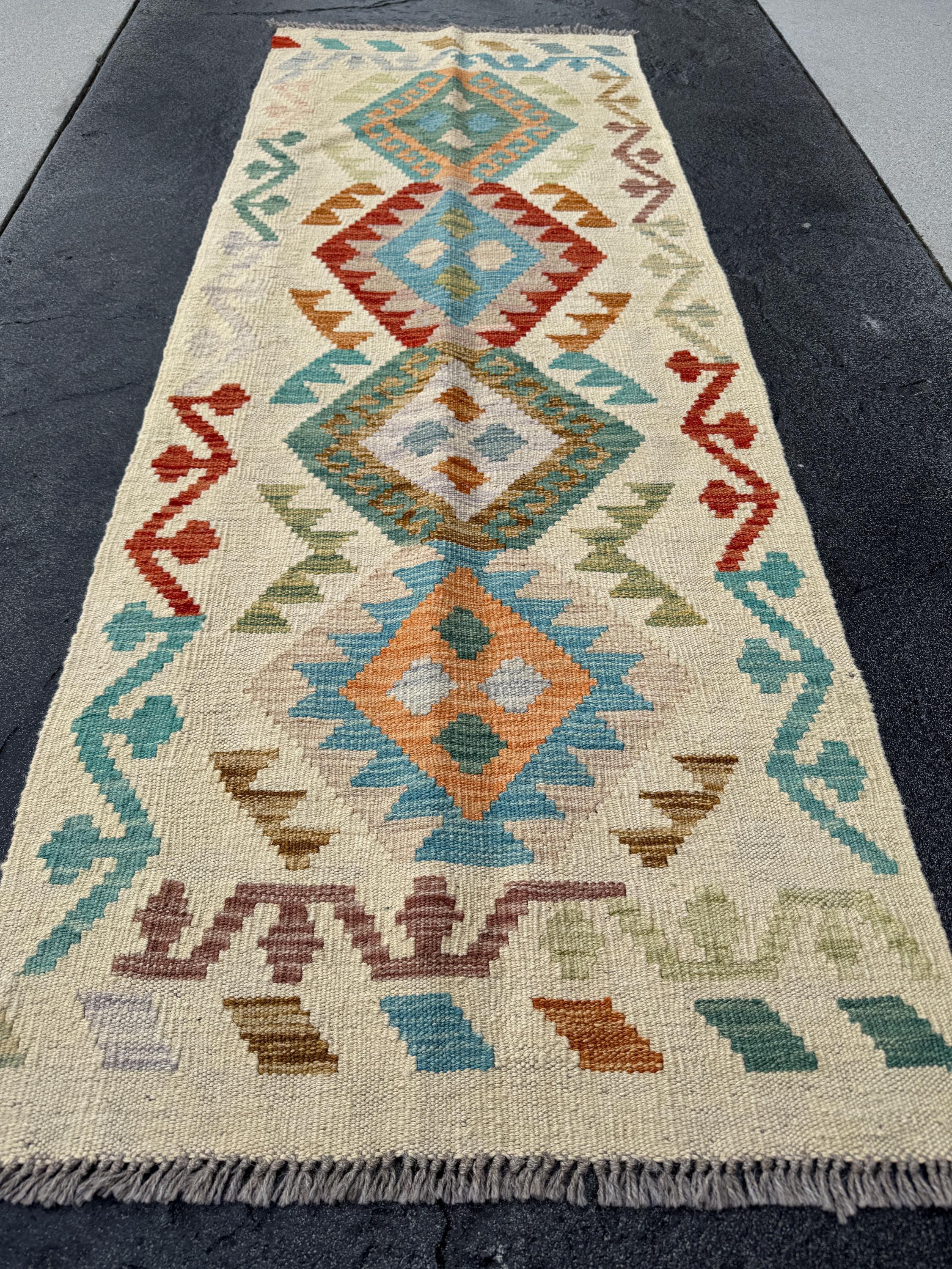 2x6 Handmade Afghan Kilim Runner Rug | Sand Cream Tan Chocolate Coffee Brown Teal Turquoise Denim Blue Emerald Lime Green Orange Grey Taupe