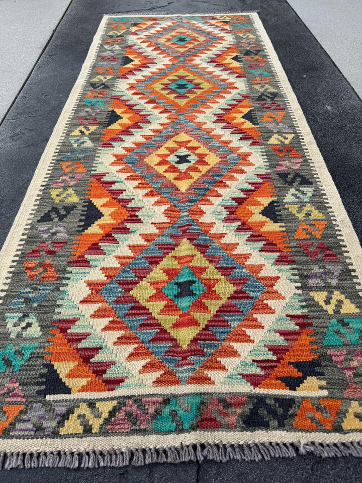 3x6-7 Handmade Afghan Kilim Runner Rug | Cream Grey Black Powder Teal Denim Blue Purple Burgundy Maroon Red Yellow Orange | Wool Flatweave