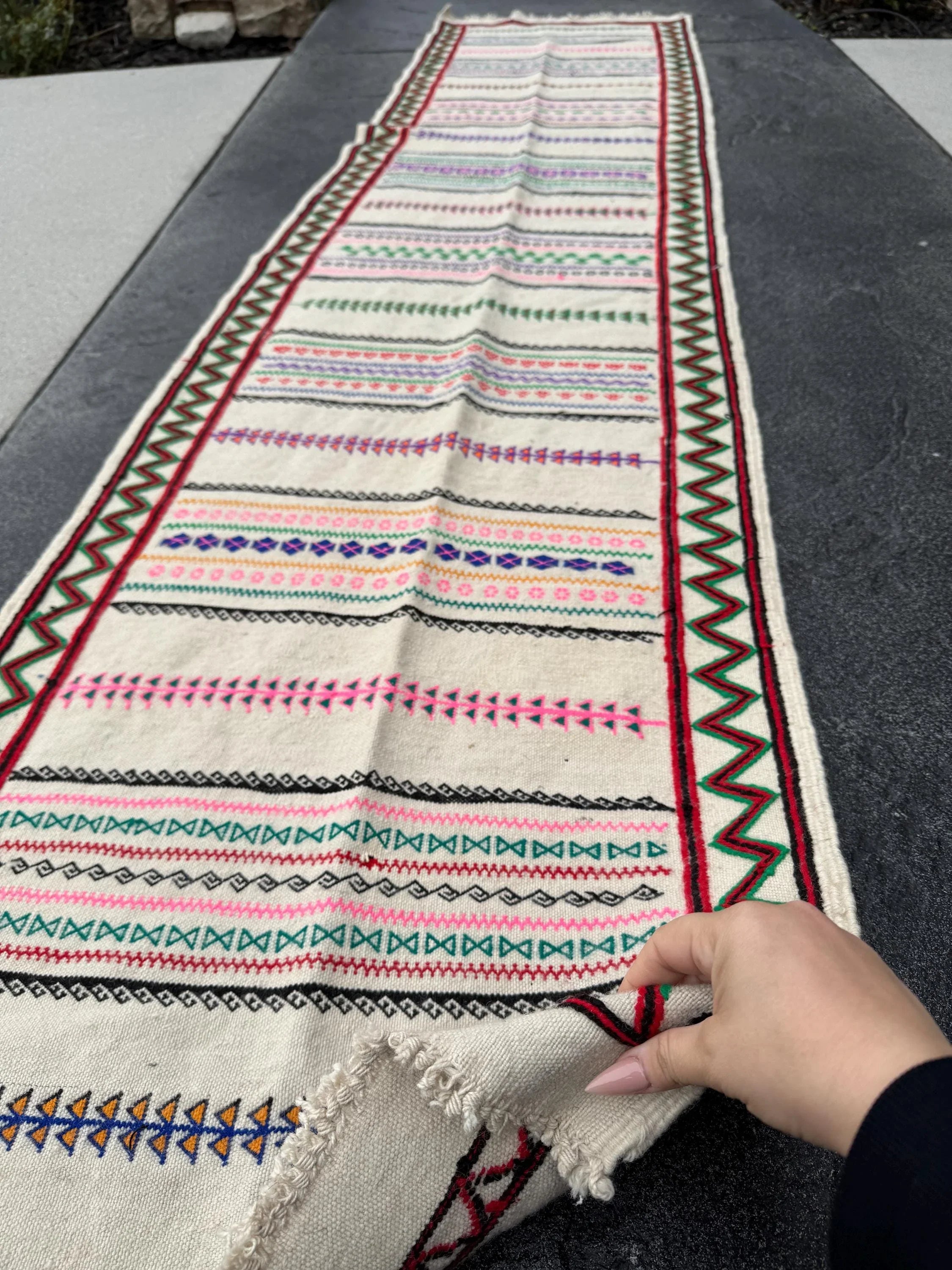 2x9 Handmade Afghan Kilim Soumak Runner Rug | White Cream Ivory Crimson Red Fuchsia Pink Forest Emerald Green Black Royal Blue Orange | Wool
