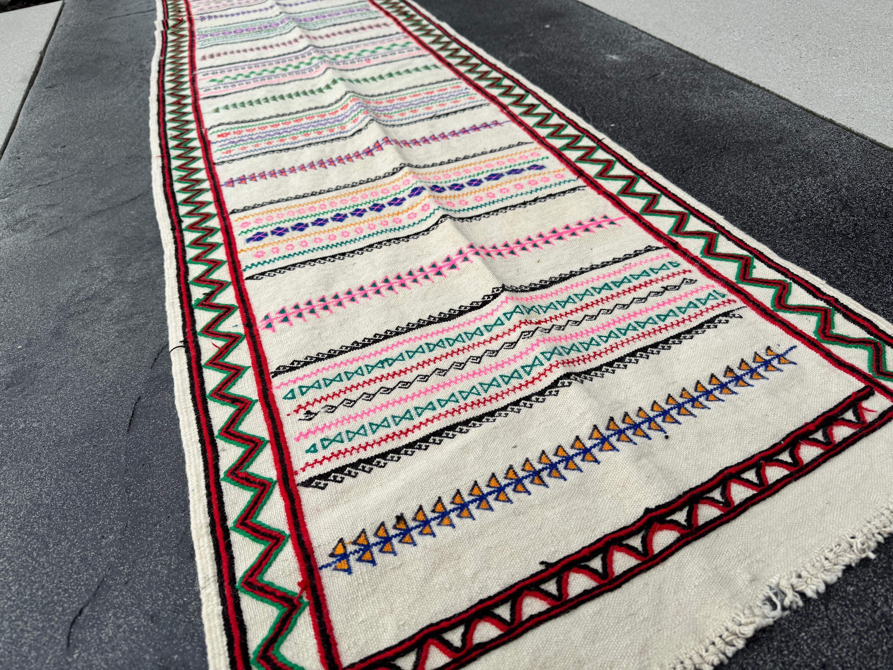 2x9 Handmade Afghan Kilim Soumak Runner Rug | White Cream Ivory Crimson Red Fuchsia Pink Forest Emerald Green Black Royal Blue Orange | Wool